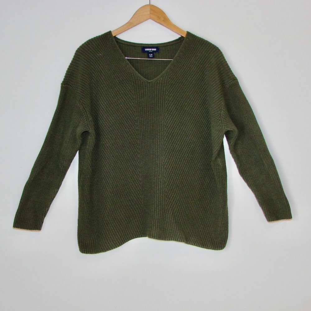 Lands' End Ribbed V-neck Cotton Sweater Olive Green Pink Size Petite Large 14 16